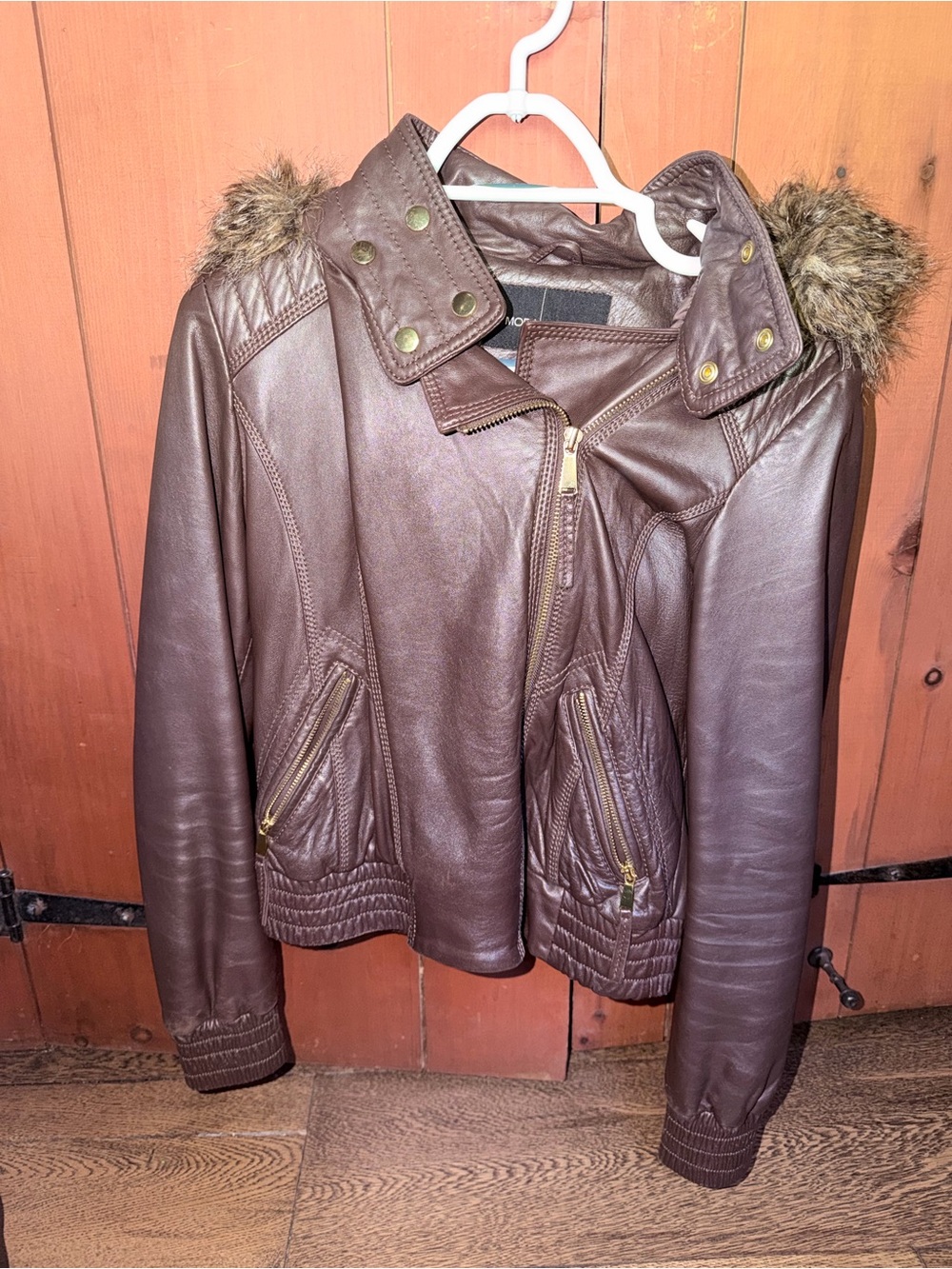 Moda International Brown Leather Jacket with Faux-Fur Trim Hood